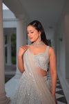 AQUA BLUE NET LEHENGA EMBELLISHED WITH SEQUINS,CUT DAANA AND A TOUCH OF MIRROR WORK