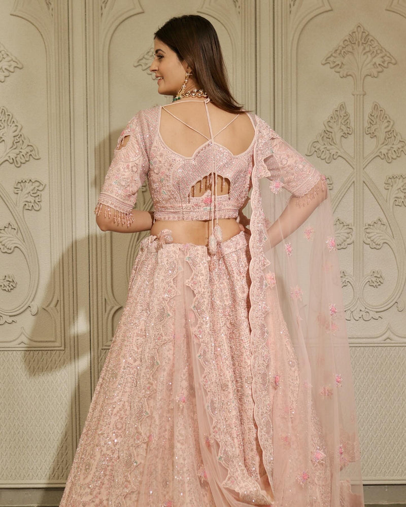 PASTEL PINK RAW SILK BRIDAL LEHENGA WITH FINE ZARDOSI EMBROIDERY