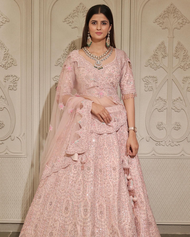 PASTEL PINK RAW SILK BRIDAL LEHENGA WITH FINE ZARDOSI EMBROIDERY