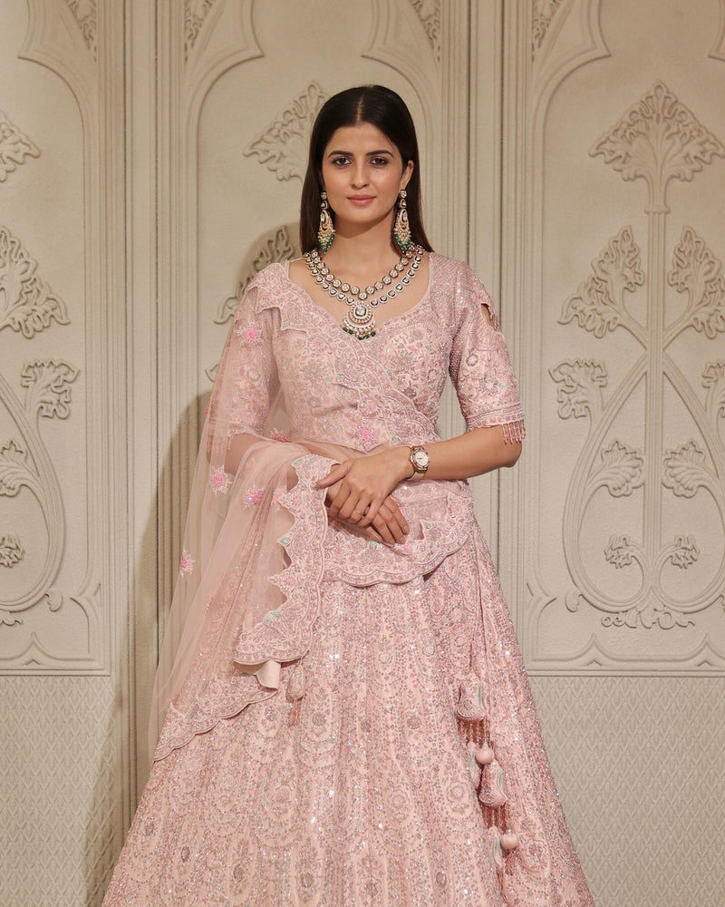 PASTEL PINK RAW SILK BRIDAL LEHENGA WITH FINE ZARDOSI EMBROIDERY