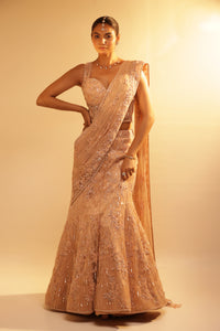 PEACH MERMAID DRAPED SAREE WITH SELF EMBROIDERED FLORAL DETAILING OF CUT WORK AND PEARLS