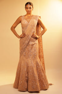 PEACH MERMAID DRAPED SAREE WITH SELF EMBROIDERED FLORAL DETAILING OF CUT WORK AND PEARLS