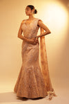 PEACH MERMAID DRAPED SAREE WITH SELF EMBROIDERED FLORAL DETAILING OF CUT WORK AND PEARLS