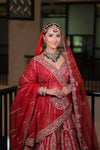 RED RAW SILK BRIDAL LEHENGA WITH ALL OVER ZARDOSI WORK AND THREAD OF MULTICOLOURED FLOWERS