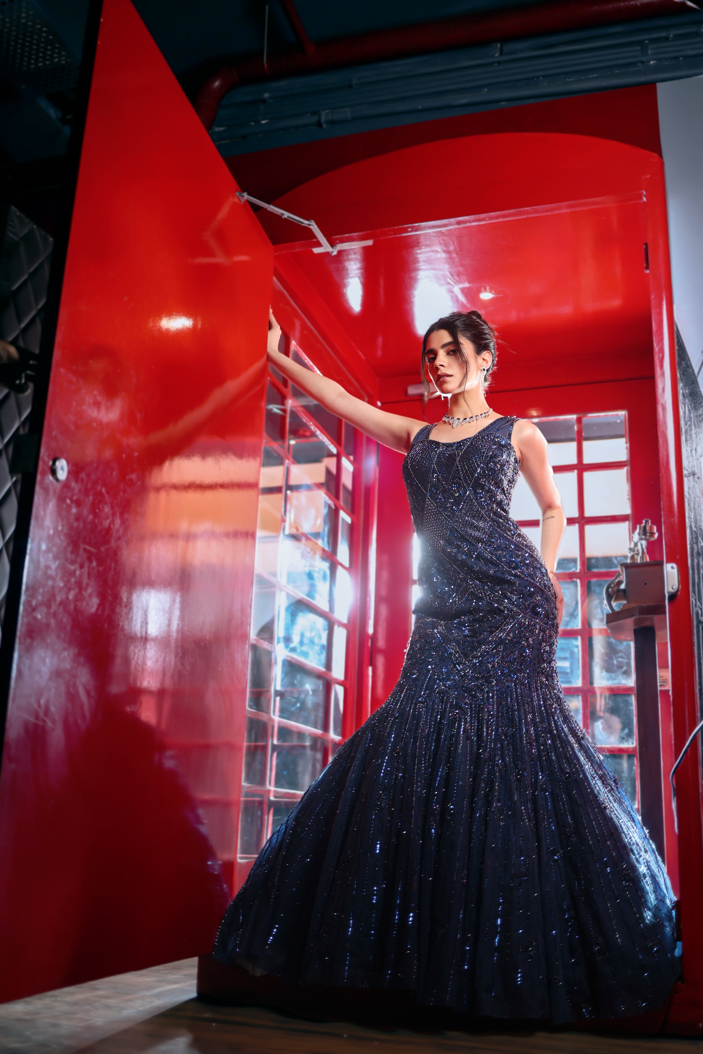 NAVY BLUE FISH CUT GOWN WITH SELF SEQUINS EMBELLISHMENT AND CUT WORK D Panghat NAVY BLUE FISH CUT GOWN WITH SELF SEQUINS EMBELLISHMENT AND CUT WORK D Panghat