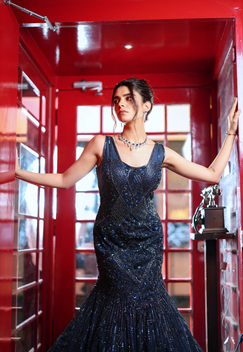 NAVY BLUE FISH CUT GOWN WITH SELF SEQUINS EMBELLISHMENT AND CUT WORK D Panghat NAVY BLUE FISH CUT GOWN WITH SELF SEQUINS EMBELLISHMENT AND CUT WORK D Panghat