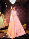 PEACH NET FRONT OPEN FULL HAND EMBROIDERED LEHENGA SET EMBELLISHED WITH PEARLS