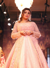 PEACH NET FRONT OPEN FULL HAND EMBROIDERED LEHENGA SET EMBELLISHED WITH PEARLS
