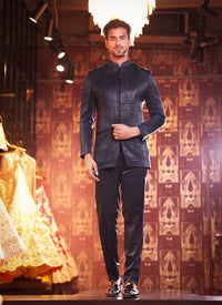 SUEDE BLUE PINTEX BANGHGALA SET EMBELLISHED WITH ZARDOSI WORK AND SEQUINS