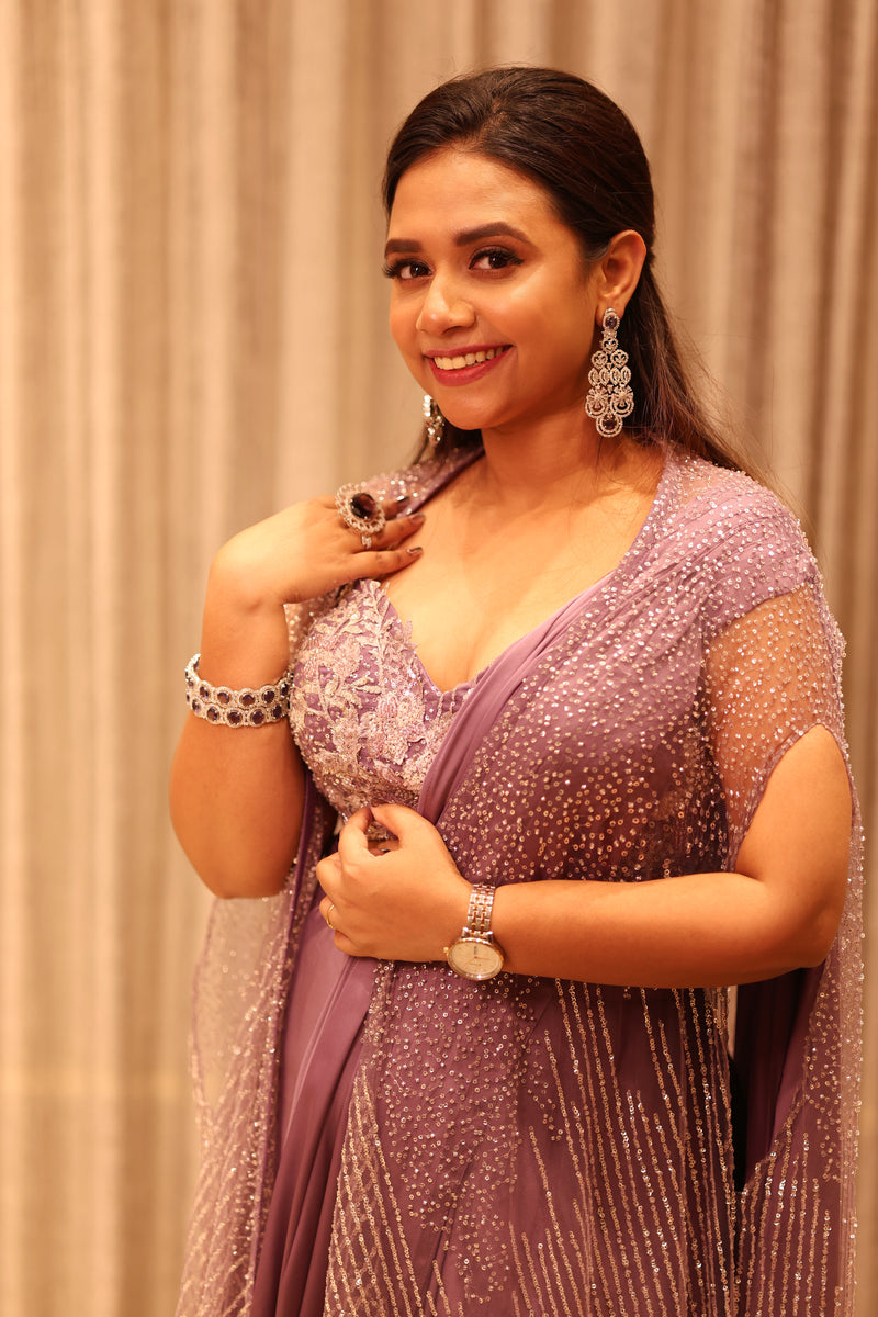 ONION PINK SATIN DRAPED SAREE WITH JACKET
