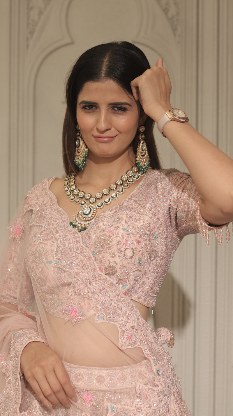 PASTEL PINK RAW SILK BRIDAL LEHENGA WITH FINE ZARDOSI EMBROIDERY