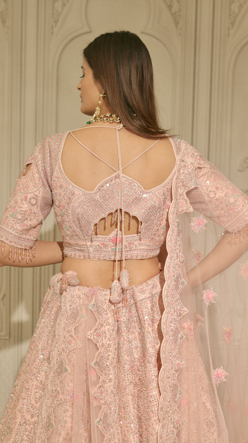 PASTEL PINK RAW SILK BRIDAL LEHENGA WITH FINE ZARDOSI EMBROIDERY