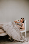 GREY FISHCUT BACKLESS GOWN WITH CRYSTAL AND SEQUIN EMBELLISHMENTS