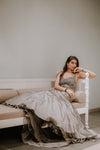 GREY FISHCUT BACKLESS GOWN WITH CRYSTAL AND SEQUIN EMBELLISHMENTS