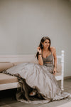 GREY FISHCUT BACKLESS GOWN WITH CRYSTAL AND SEQUIN EMBELLISHMENTS